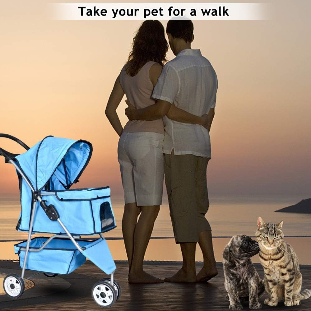 Pet Stroller Joggers Cat Dog Cage 3 Wheel Travel Folding Carriage Strollers with Cup Holder and Removable Pad